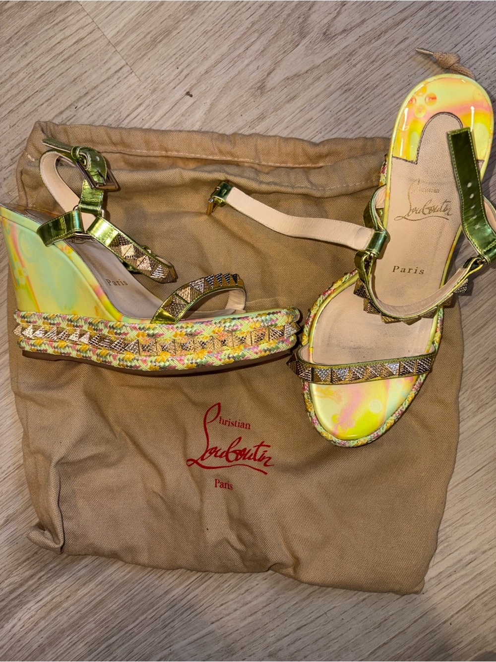 Christian Louboutin Iridescent Yellow-Green Wedge Sandals